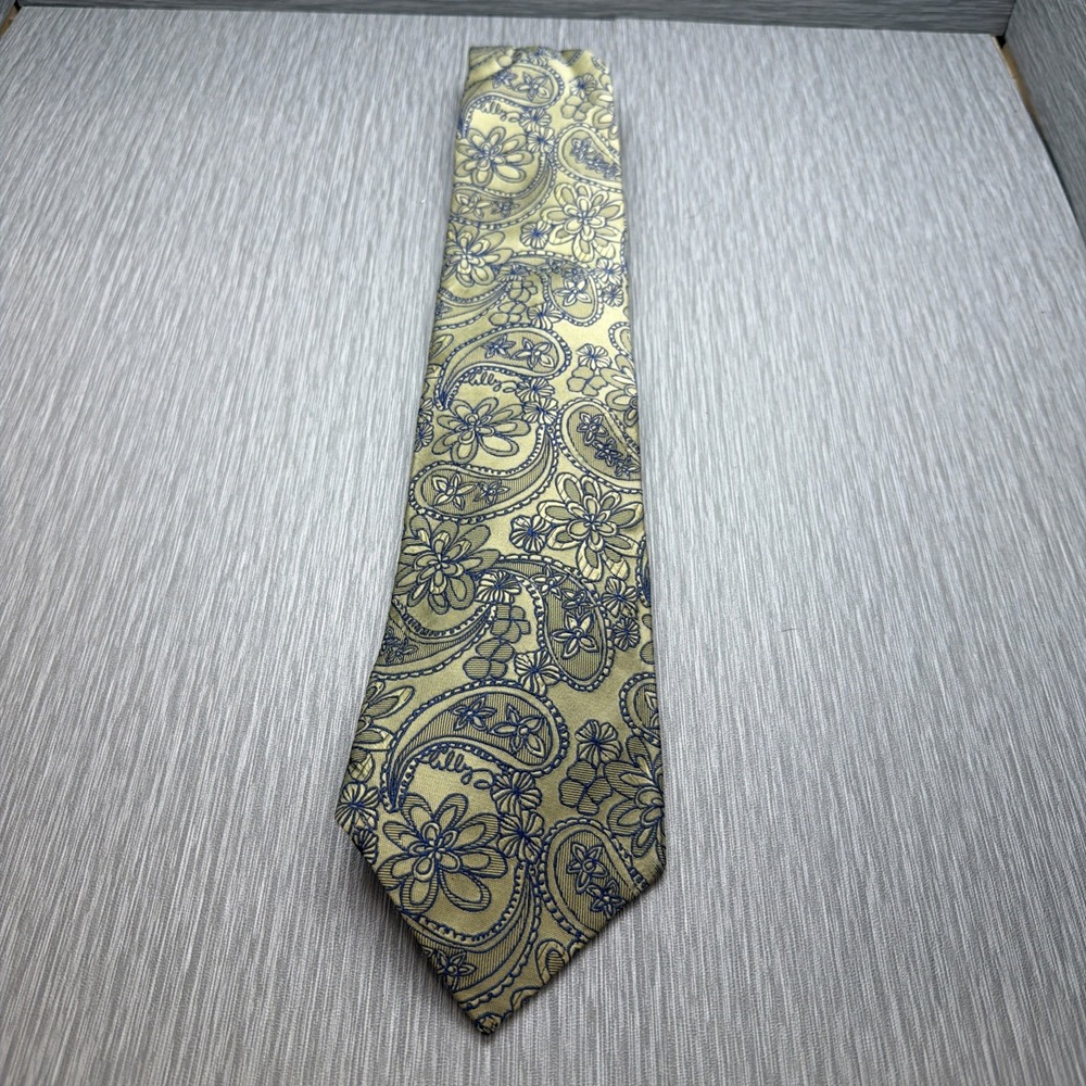 Lilly Pulitzer Mens Tie Gold Navy Blue Paisley Floral Embroidered Preppy